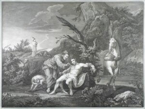 engraving of Hogarth’s painting of the Parable of the Good Samaritan